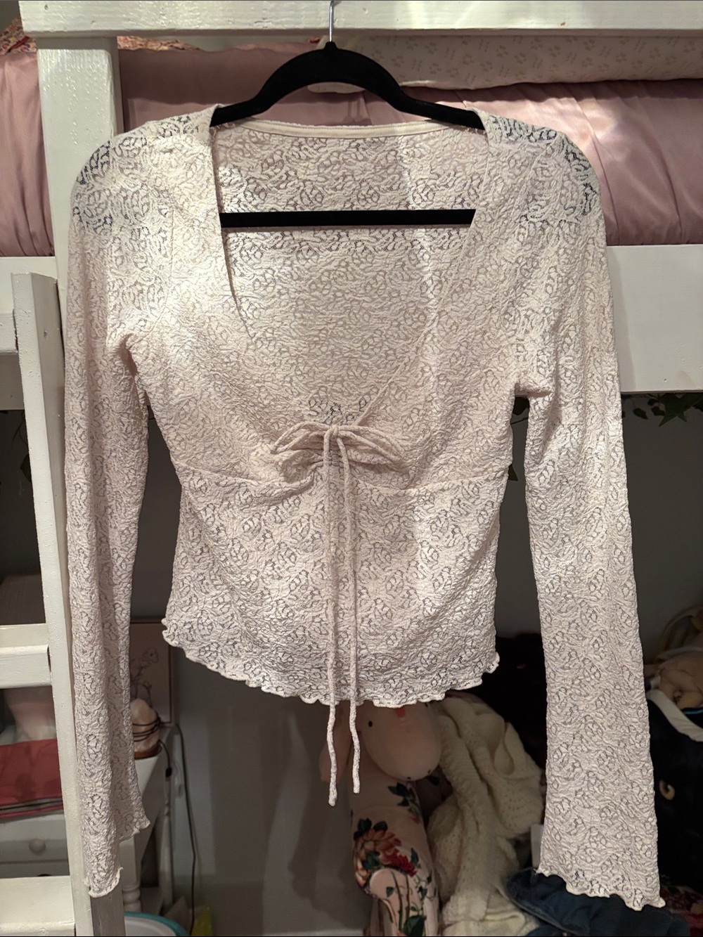 Urban Outfitters Women's Lace Tie-Front Long Sleeve Top - Cream